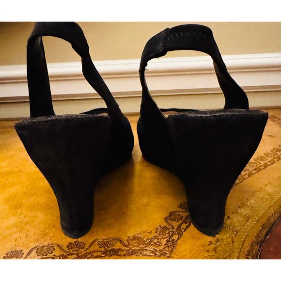 Eileen Fisher Women Black Suede Leather Wedge Peep Toe Slingbak Crescent Shoes 9 - Picture 6 of 12
